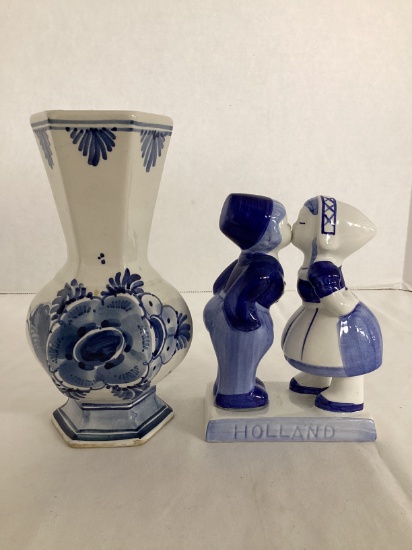 Hand Painted Delft Vase and Delft Blue Hand Painted Holland Boy and Girl Kissing Figurine