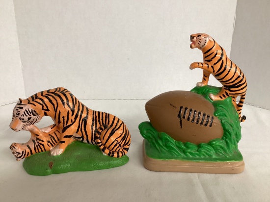 Vintage Ceramic Tigers and Tiger with Football Signed by Willie Hazel Jr.