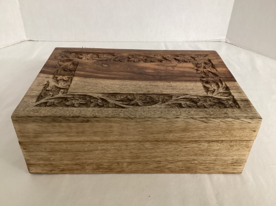 Wood Box with Carved Hinged Lid