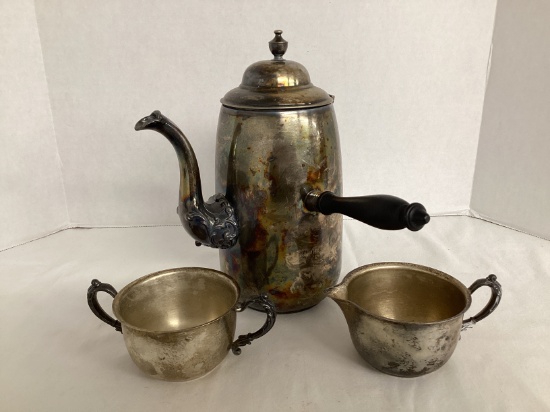 Sheridan Silverplated Coffee Pot with Wood Handle, Creamer, and Open Sugar
