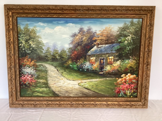 Cottage Painting on Canvas Signed Burdett