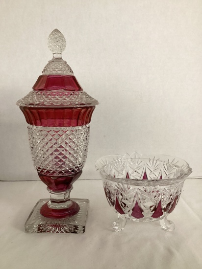 Ruby Flash Pedestal Covered Candy Dish and Footed Bowl