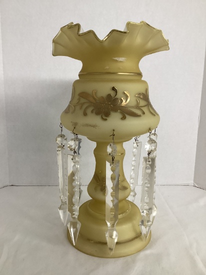 Cased Glass Mantle Luster with Gold Flowers and Prisms