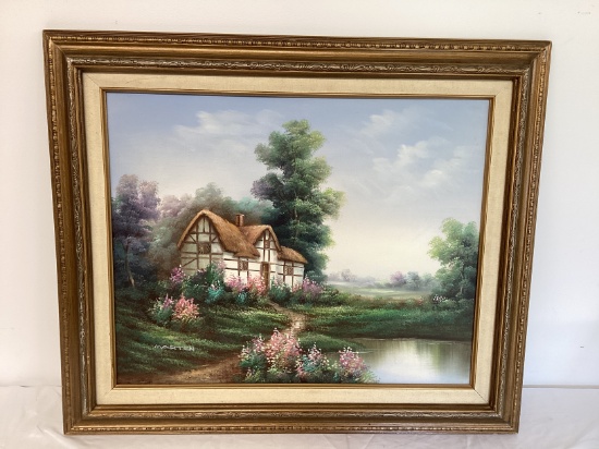 Framed Cottage Painting on Canvas Signed Marten
