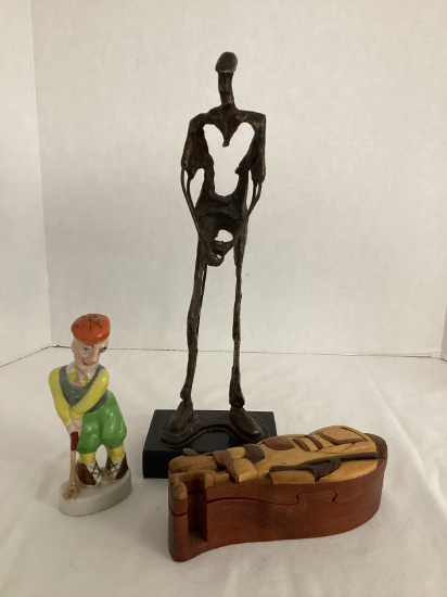 Golfer Statue, Figurine, and Wood Box