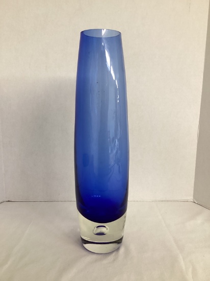 Blue Art Glass Vase with Bubble in Base