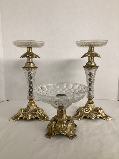Vintage Pair of Candlesticks and Candy Dish with Metal Base