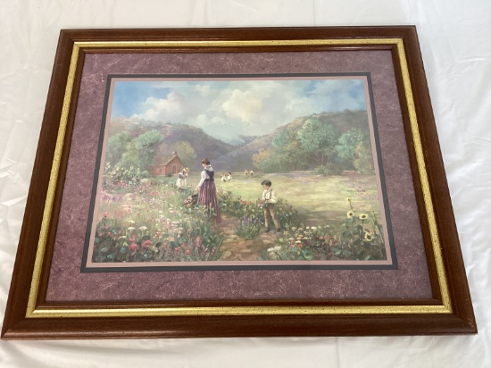 Framed and Matted Picking Flowers Print
