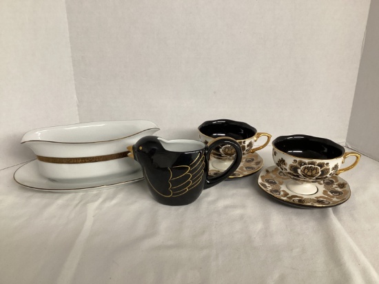 Royal Gallery Sauce Boat with Underplate, Two Cups and Saucers, Arita Black Bird Creamer