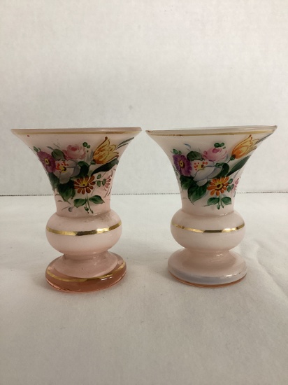 Two Hand Painted Cased Glass Cabinet Vases