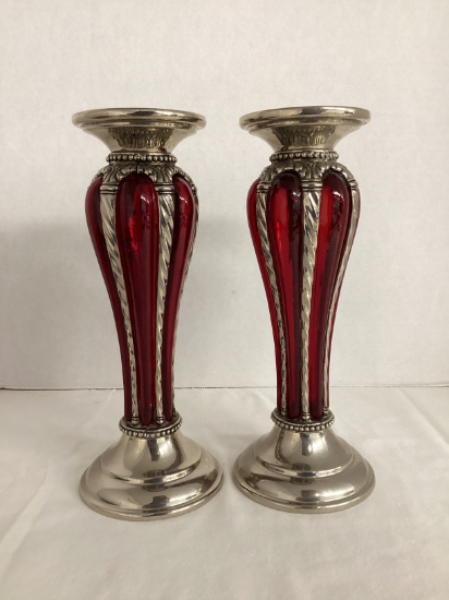 Pair of Metal and Ruby Red Glass Pillar Candle Holders