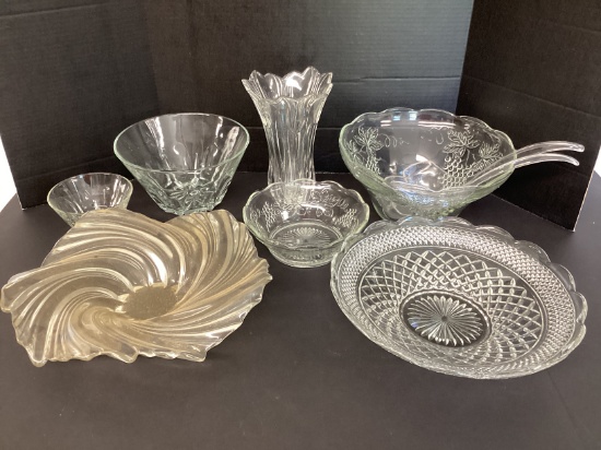Clear Glass and Crystal Vase, Centerpiece Bowls, and Chip/Dip Set