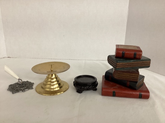 Decorative Book Stack, Brass Candle Holder, Pen Holder, Small Pedestal