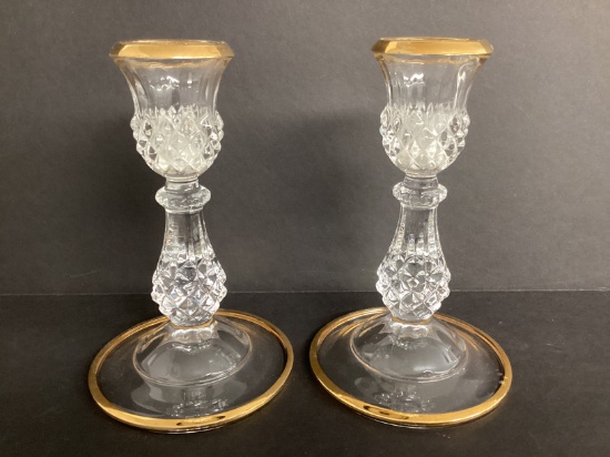 Pair of Crystal Candlesticks with Gold Trim
