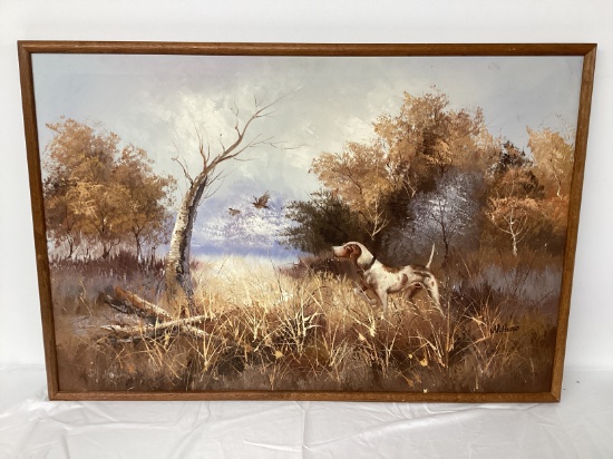 Bird Dog Hunting Framed Painting on Canvas by W. Horner