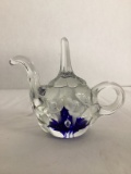 Joe Rice 2003 Teapot Paperweight with Blue and White Flowers