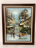 Asian Street Scene Painting on Canvas Signed Albert