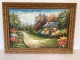 Cottage Painting on Canvas Signed Burdett