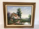Framed Cottage Painting on Canvas Signed Marten