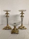 Vintage Pair of Candlesticks and Candy Dish with Metal Base