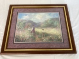 Framed and Matted Picking Flowers Print
