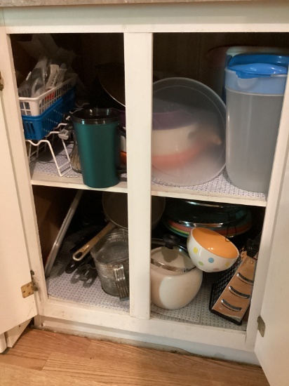 Kitchen Cabinet Contents: Pots and Pans, Mixing Bowls, Cake Dome, and More