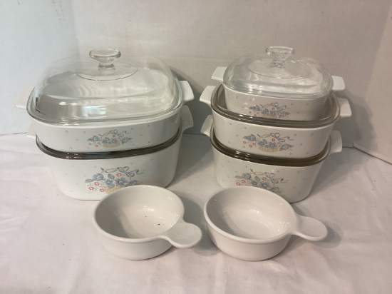 Five Corning Ware Country Cornflower Baking Dishes with Lids and Two Handled Casseroles