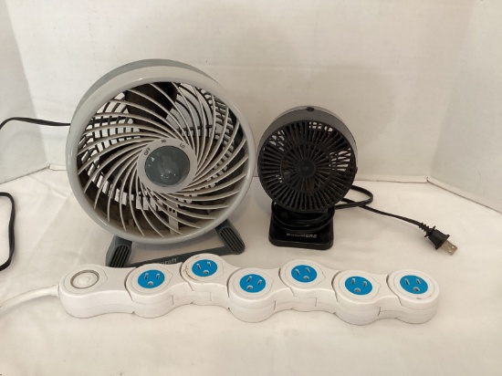 Contorting Power Outlet Strip and Two Small Fans