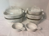 Five Corning Ware Country Cornflower Baking Dishes with Lids and Two Handled Casseroles