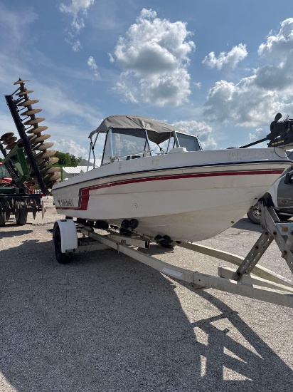 1990 FISH HAWK II BOAT WITH JOHNSON 100 HP MOTOR AND JOHNSON 9.9 HP MOTOR WITH TRAILER