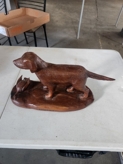 Wood carved dog w/ bird