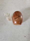 Small glass pitcher, small wood barrel