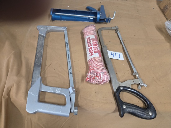 Aluminum hacksaw caulking gun and rope
