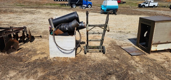 Assorted Wood Box, Dolly, and Stove Pipe