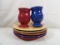 LONGABERGER MULTI COLORED POTTERY WITH 5 DINNER PLATES AND 2 COFFEE CUPS IN BASKET DETAIL