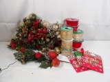 HUGE LOT OF CHRISTMAS DECOR INCLUDING RIBBON AND FLORAL PICKS