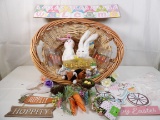HUGE LOT OF EASTER DECOR INCLUDING SIGNS, BUNNIES, GLASS ORNAMENTS, AND FLORAL PICS WITH BASKET