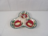 VINTAGE PURINTON SLIPWARE 3 SECTION HANDLED NUT/SNACK TRAY IN APPLE PATTERN