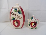 VINTAGE PURINTON SLIPWARE COFFEE CANISTER AND CREAMER IN APPLE PATTERN