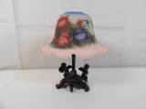 VOTIVE HOLDER WITH REVERSE HAND PAINTED GLASS SHADE WITH HUMMINGBIRD AND MORNING GLORY DETAILS.