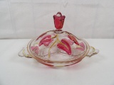 DUNCAN MILLER RUBY FLASH AMERICAN WAY LEAF GLASS BOWL COVERED DIVIDED DISH