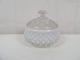 FENTON OPALESCENT HOBNAIL MOONSTONE TRINKET BOX WITH EAPG TOP