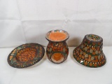 (3)  PIECE MOSAIC LEAF VOTIVE WAX WARMER AND JAR CANDLE SHADE AND BASE.