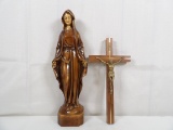 LOT OF (2) FIGURES INCLUDING MARY STATUE AND CRUCIFIX WALL HANGING