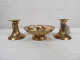 LOT OF (3) PIECES OF CHRISTMAS DECOR INCLUDING ENAMELED BRASS BOWL AND BRASS CANDLE STICK HOLDERS