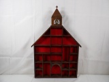 WOODEN CHURCH STYLE WHAT-NOT SHELF WITH BELL IN STEEPLE.