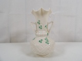BELLEEK TWO HARP HANDLED VASE IN SHAMROCK PATTERN
