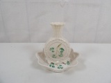 BELLEEK TRINKET TRAY AND TINY BUD VASE IN SHAMROCK PATTERN