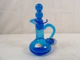 VINTAGE RAINBOW BLUE CRACKLE GLASS BOTTLE WITH STOPPER.