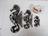 SEAHORSE RESIN AND ABALONE SHELL WALL HANGINGS IN MCM STYLE AND HINGED CLAM SHAPED BOX